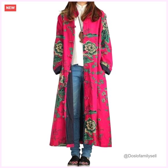 Vintage Floral Trench Coat Plus Size Cotton Linen Boho Long Jacket with Pockets - Picture 5 of 7